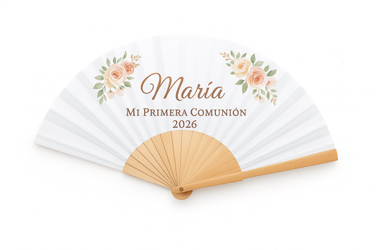 Abanico personalizado para comunión modelo Calesa con nombre y fecha