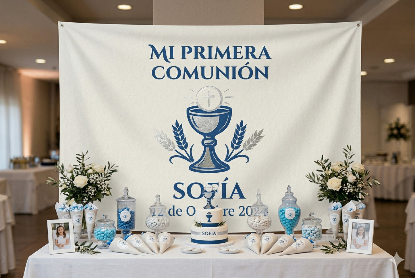 Lona personalizada para comunión con diseño de cáliz y nombre