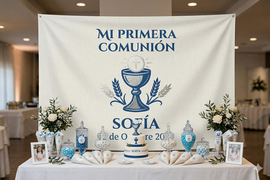 Lona personalizada para comunión con diseño de cáliz y nombre