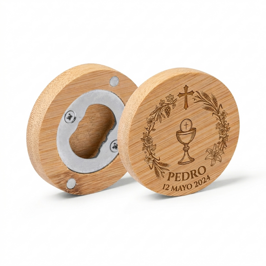 Abridor de bambú personalizado comunión Sherry con grabado láser