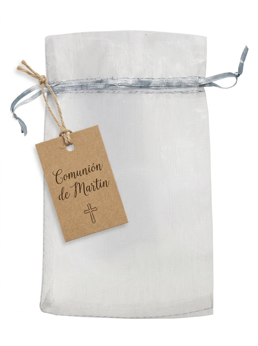 Bolsa de tul para regalos con etiqueta personalizada para comunión