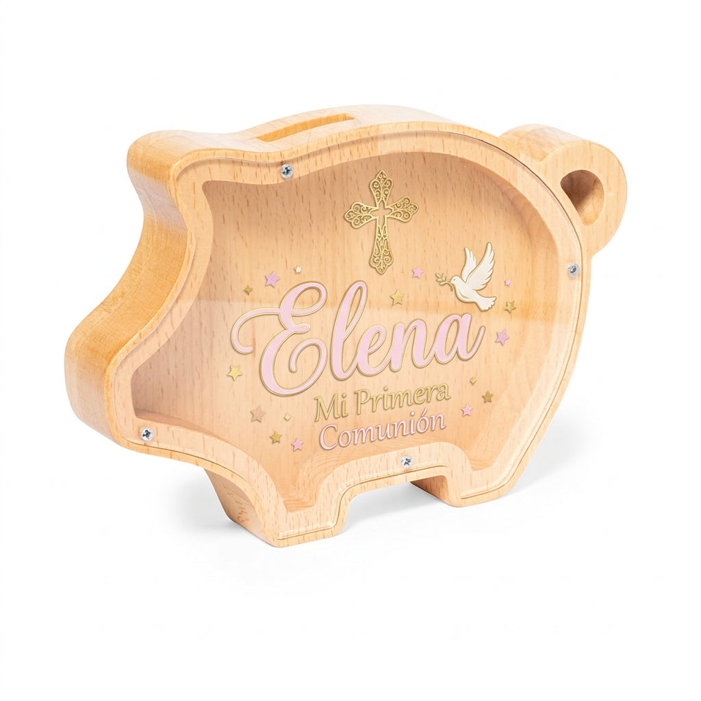 Hucha de madera personalizada para comunión de Elena con impresión UV