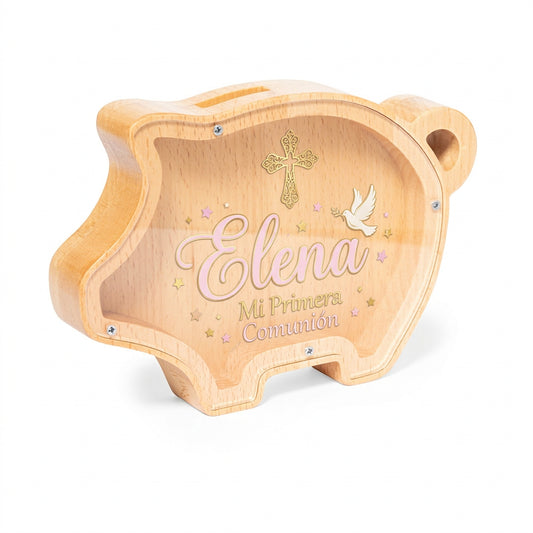 Hucha de madera personalizada para comunión de Elena con impresión UV