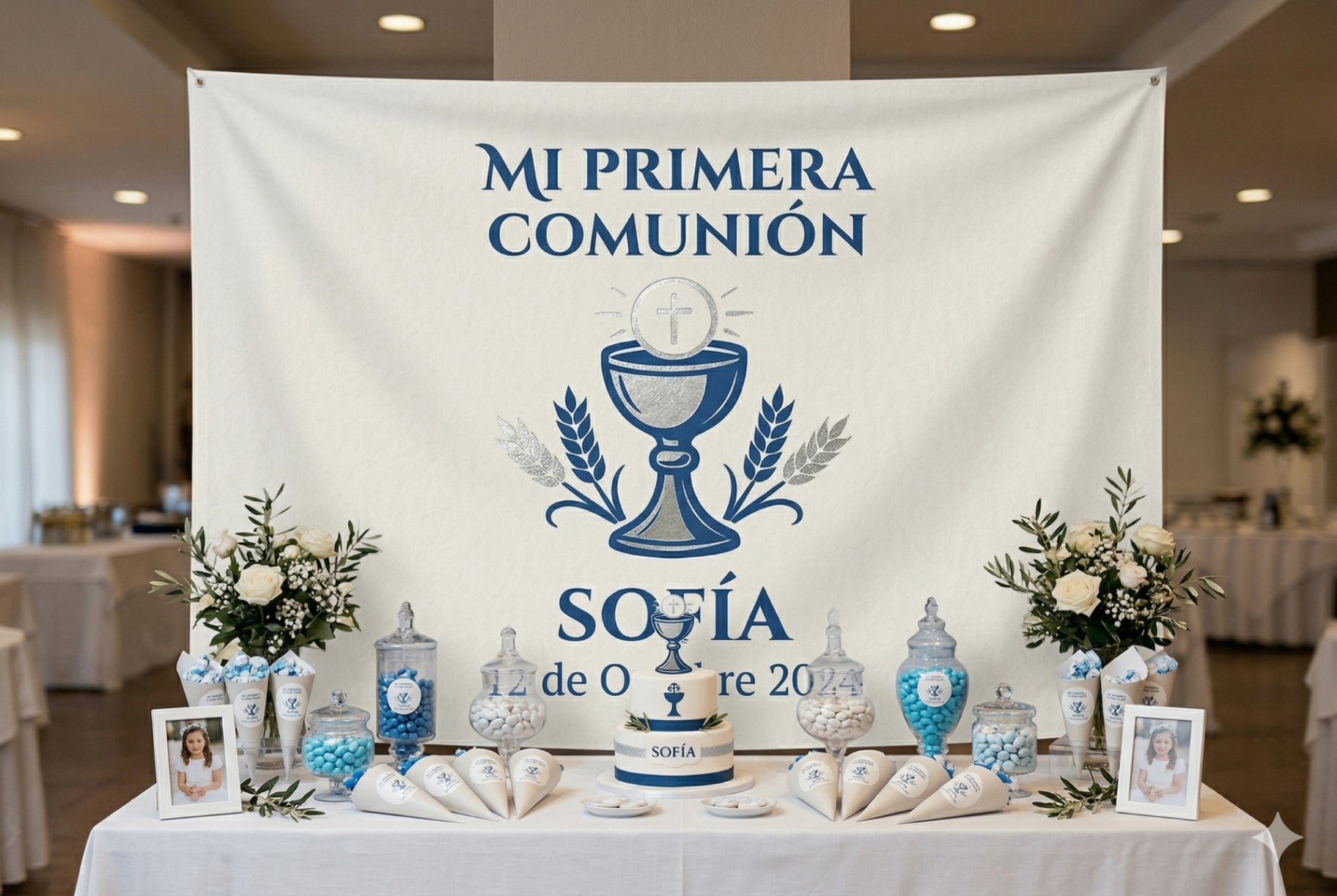 Lona personalizada para comunión con diseño de cáliz y nombre
