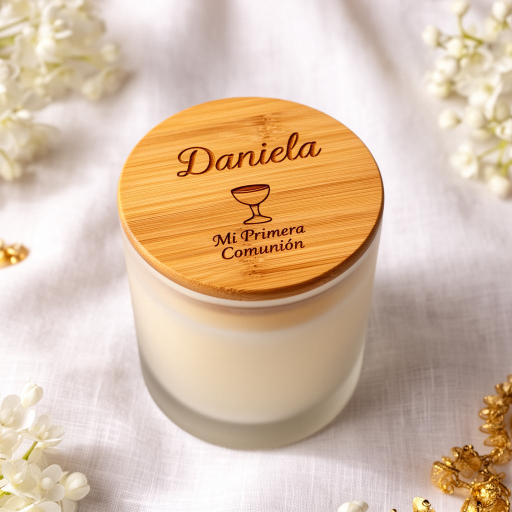 Vela aromática personalizada para comunión con grabado láser en tapa de bambú
